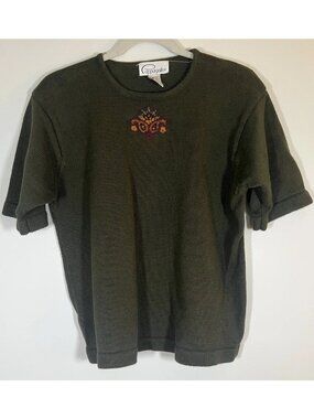 Vintage 90s Pappagallo army green embroidered cottagecore short sleeve sweater L